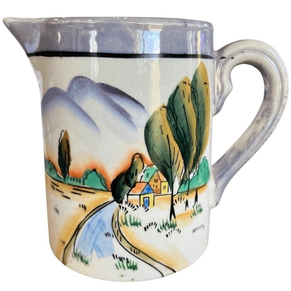 Vintage Japanese Lusterware Creamer Pitcher Blue Hand Painted Cottage Scenic